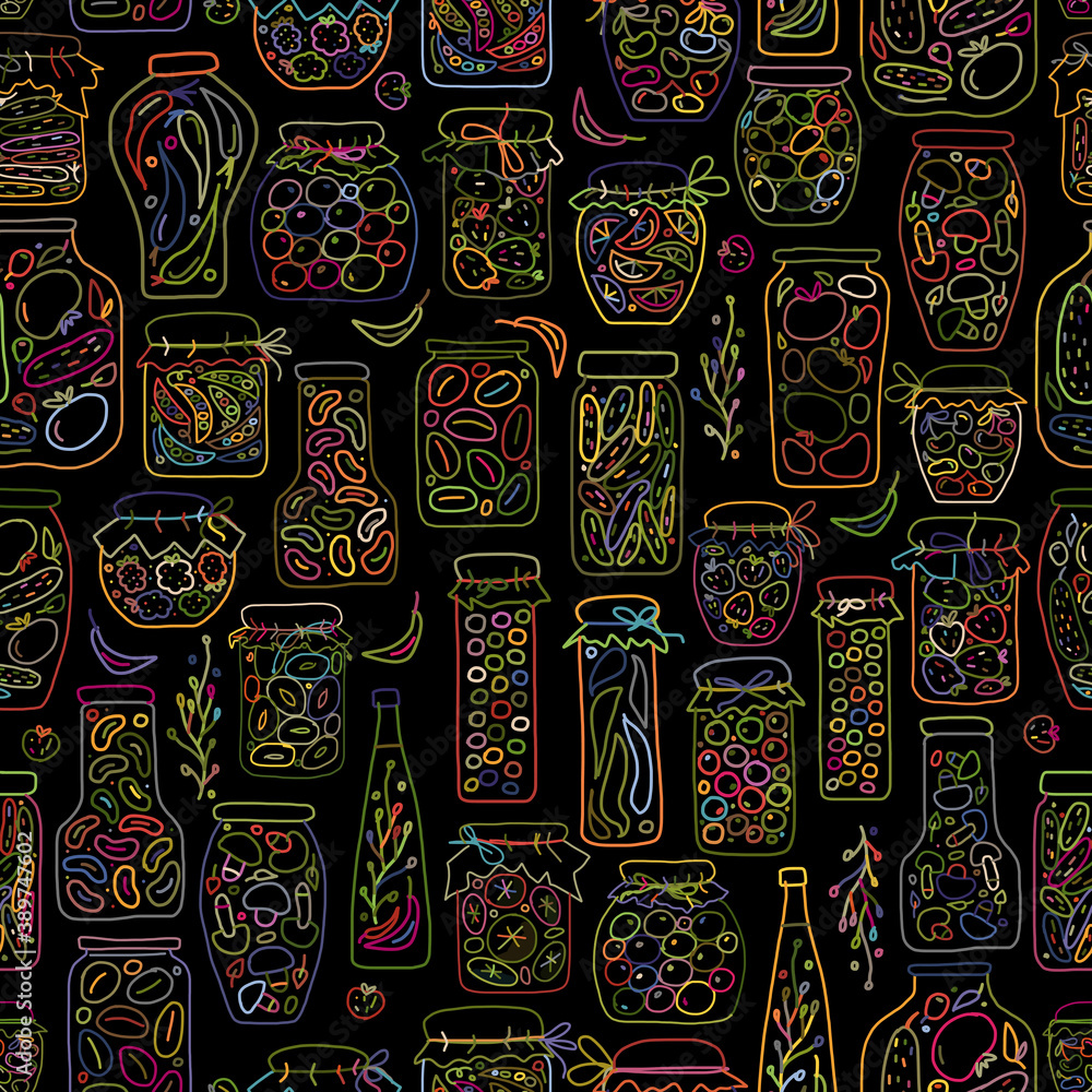Naklejka premium Seamless pattern with pickle jars fruits and vegetables
