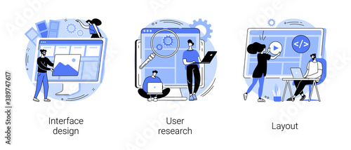 User interface development abstract concept vector illustration set. Interface design, user research, layout, landing page, responsive design, usability test, online survey, abstract metaphor.