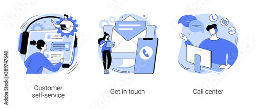 Help line abstract concept vector illustration set. Customer self-service, get in touch, call center, online assistance, FAQ, e-support system, live chat, virtual service point abstract metaphor.