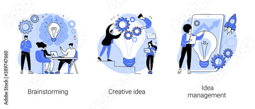 Creative thinking abstract concept vector illustration set. Team brainstorming, idea management, project management, startup collaboration, find solution, product development stage abstract metaphor.