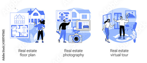 House listing abstract concept vector illustration set. Real estate floor plan, house photography and virtual tour, virtual staging, realty agency advertisement, video walk-through abstract metaphor.