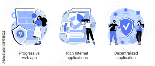 Mobile app development abstract concept vector illustration set. Progressive web app, rich Internet and decentralized applications, open source platform, user interaction design abstract metaphor.