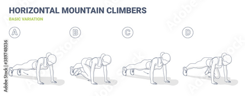 Mountain Climbers Home Workout Woman Exercise Guide Black and White Illustration.