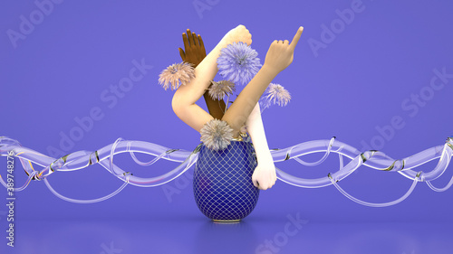 3D Illustration of people's hands with different skin color together in a flower pot photo