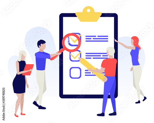 Successful completion of business tasks and goals achievements. People creating plan and checking. People fill out a form. Check list illustration. Human characters on white background.