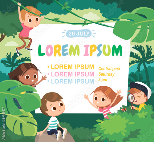 Kids walking in jangle, woods forest. Children on outdoor adventure travel, activity, scouting hiking, recreation, tourism. Explore nature.