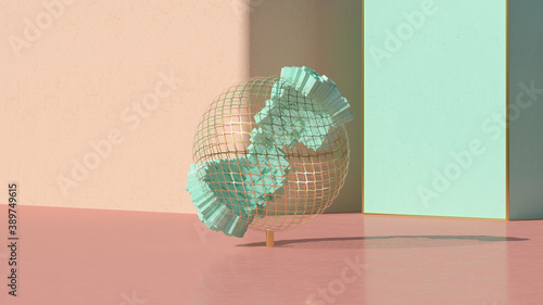 Minimal design scene room empty sphere globe with abstract background. Pastel pink and green tiffany colors scene. 3D render illustration. Geometric shapes architecture