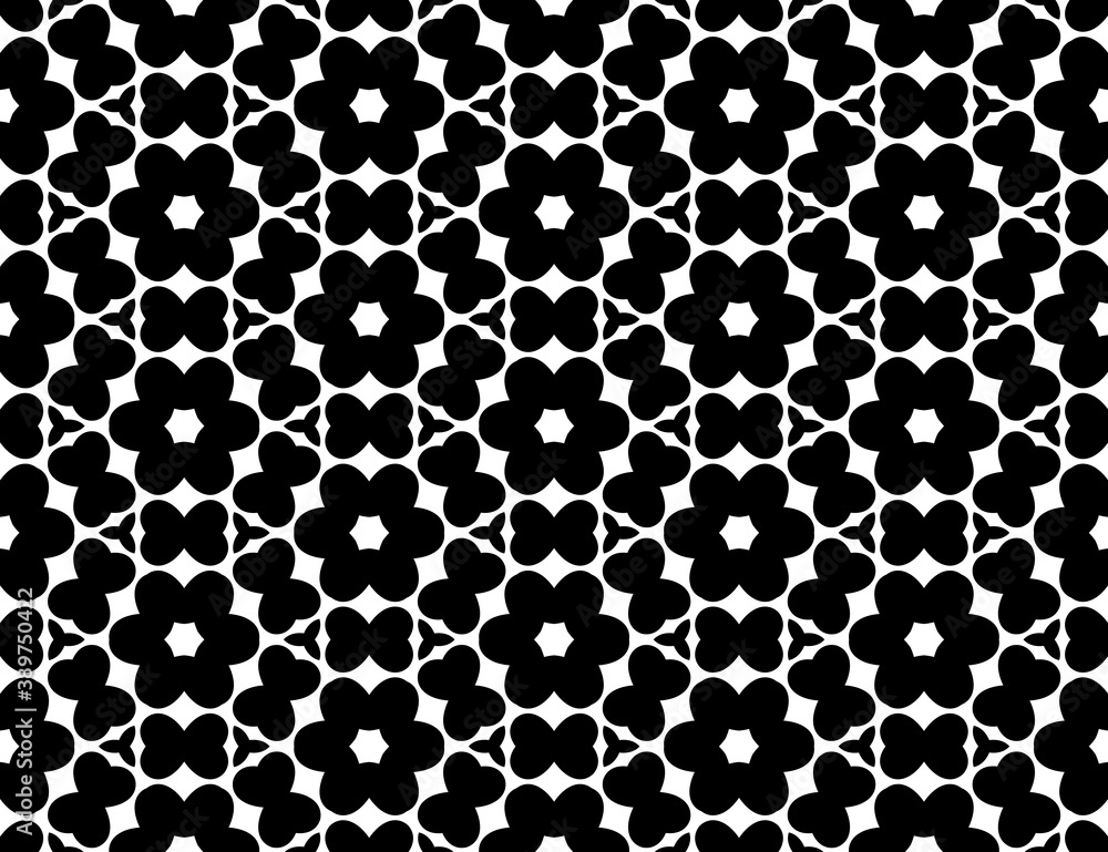 Black, white pattern, geometric wallpaper , seamless texture with flat floral ornament, decorative illustration with simple elemets Black, white pattern, geometric wallpaper , seamless texture with flat floral ornament, decorative illustration with simple elemets