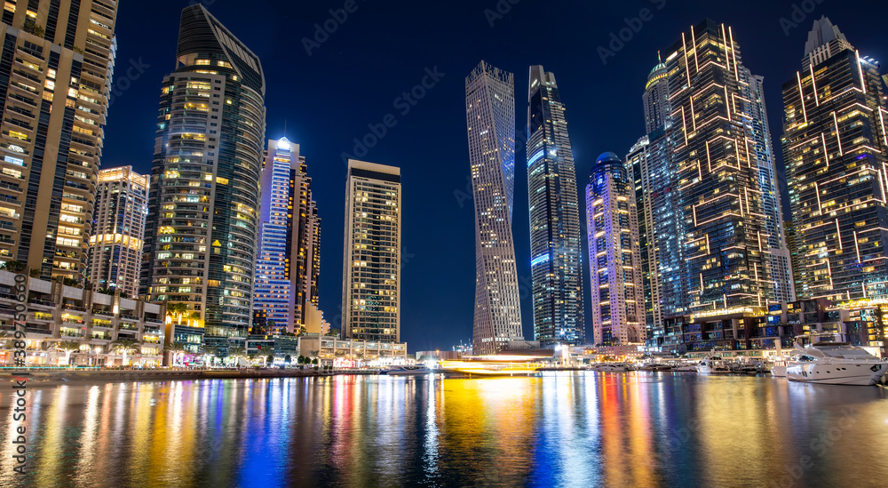 Dubai Marina district at night, UAE