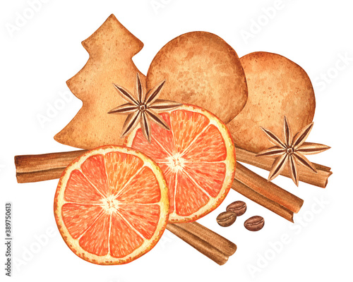 Christmas composition of cookies, oranges and spices on a white isolated background. Watercolor illustration; perfect for cards, stickers, mugs, tote bags and more. Happy Holidays! 