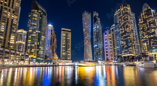 Dubai Marina district at night, UAE