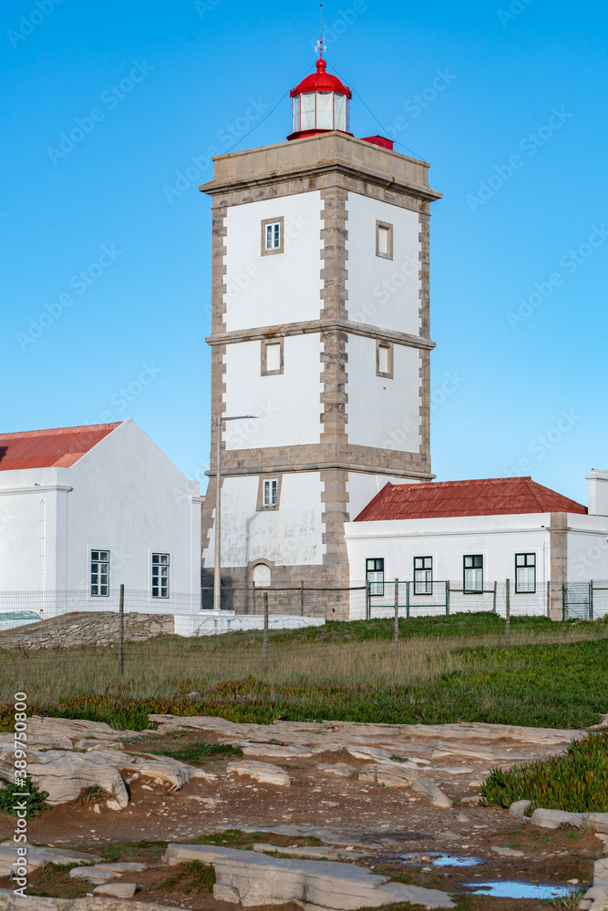 Cabo Carvoeiro Cape Lighthouse white building in Peniche, Portugal