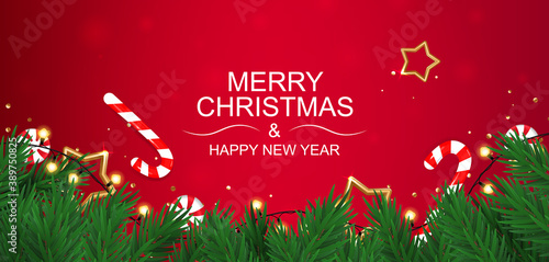 Merry Christmas red banner with sweets. Christmas ball.