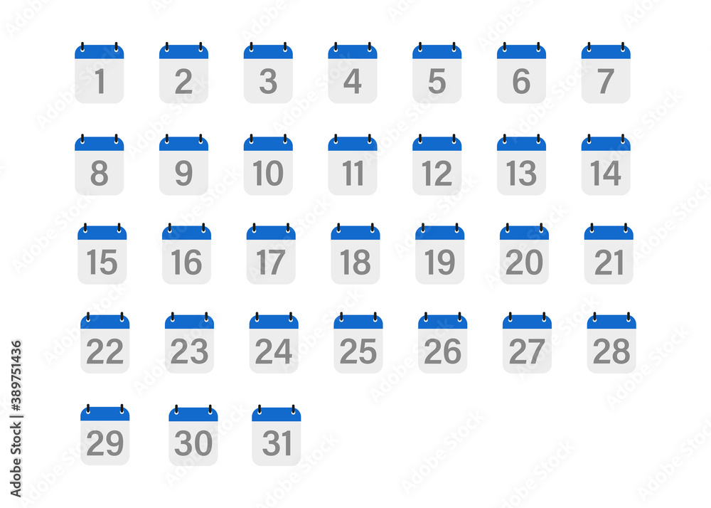 Calendar icon with differents date from 1 to 31 day. Vector illustaration isolated on white background . Flat design. Calendar icon with differents date from 1 to 31 day. Vector illustaration isolated on white background . Flat design.