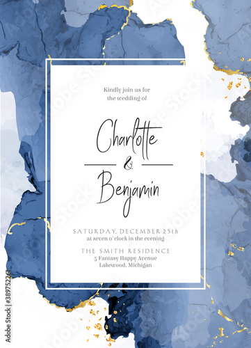 Classic blue watercolor fluid painting vector design card.