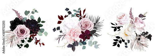 Dusty pink, pastel, black flowers vector design bouquets.