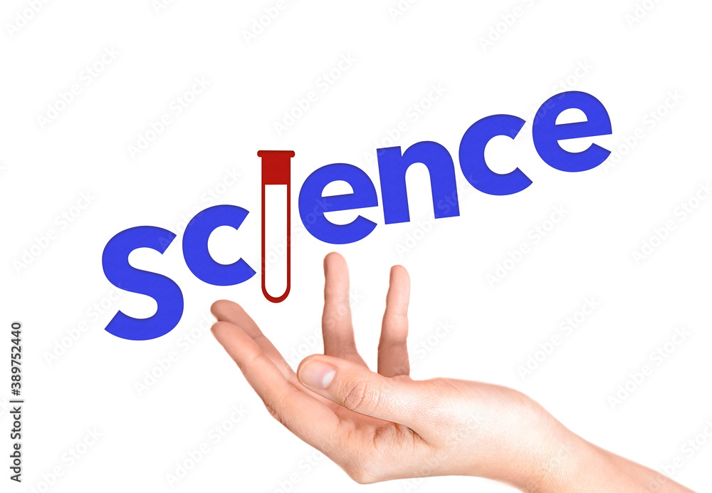 Human hand with lettering Science and chemical flask on above isolated on white background. Scientific discovery. Pharmaceutical develop. Human hand with lettering Science and chemical flask on above isolated on white background. Scientific discovery. Pharmaceutical develop.