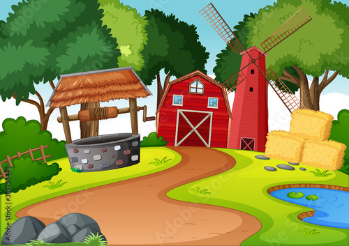 Farm with red barn and windmill scene