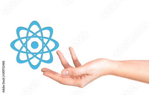Human hand with sign Science on above isolated on white background. Scientific discovery. Developing. Banner