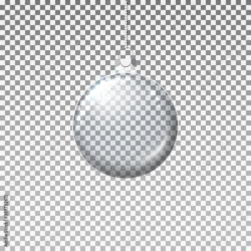 Vector realistic transparent Christmas ball on isolated background. Template of glass transparent Christmas ball. Vector object for design, mock-up. Shiny toy with silver glow.