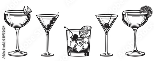 Cocktails alcoholic daiquiri, old fashioned, manhattan, martini, sidecar glass hand drawn engraving vector illustration. Isolated black and white vintage style drinks set.