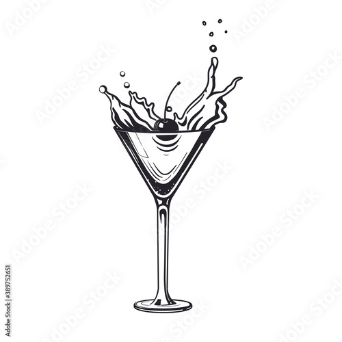 Splash manhattan glass cocktail engraving alcohol drink with cherry. Hand drawn black and white isolated vector illustration vintage style.