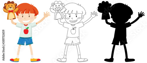 Boy playing with doll hand in colour and outline and silhouette