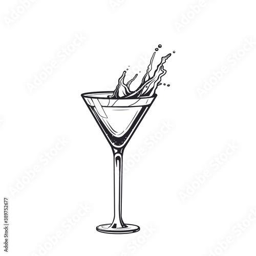 Cocktail daiquiri splash drink glass hand drawn engraving vector illustration. Alcoholic isolated black and white vintage style drink. 