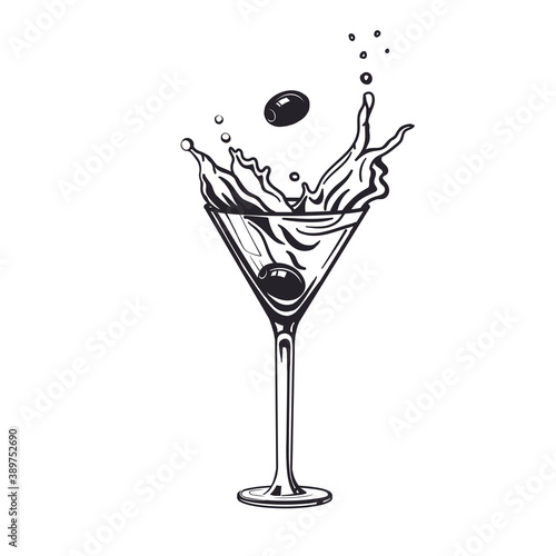 Splash martini glass cocktail  engraving alcohol drink with olive. Hand drawn black and white isolated vector illustration vintage style. 