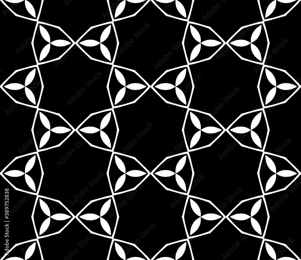 Fototapeta premium Black, white floral pattern, geometric wallpaper , seamless texture with flat ornament, decorative illustration with simple elemets