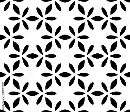 Black, white floral pattern, geometric wallpaper , seamless texture with flat ornament, decorative illustration with simple elemets