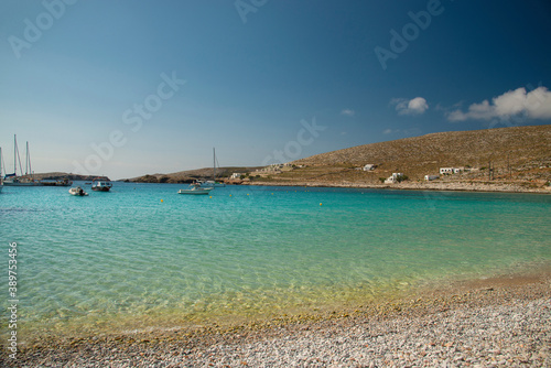 View over Karavostasis bay and sailboats at Folegandros island, Greece