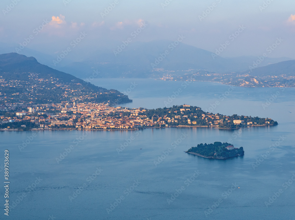 panoramic aerial view of the Borromean Island and the shores of Lake Maggiore