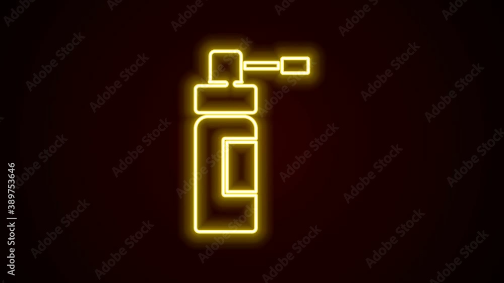 Glowing neon line Medical bottle with nozzle spray for the treatment of diseases of the nose and throat icon isolated on black background. 4K Video motion graphic animation Glowing neon line Medical bottle with nozzle spray for the treatment of diseases of the nose and throat icon isolated on black background. 4K Video motion graphic animation