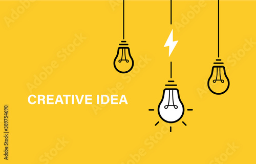 Creative idea. Set of hanging from above light bulbs. Light bulb with cable and lightning bolt. Vector illlustration