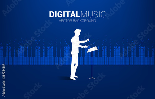 conductor with piano key transform from pixel. Background concept for classic song event and music festival