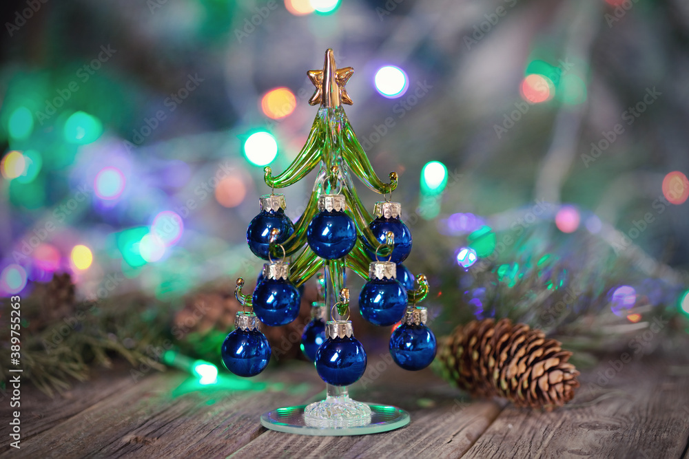 decorative glass Christmas tree with balls bump glowing lights New Year decoration