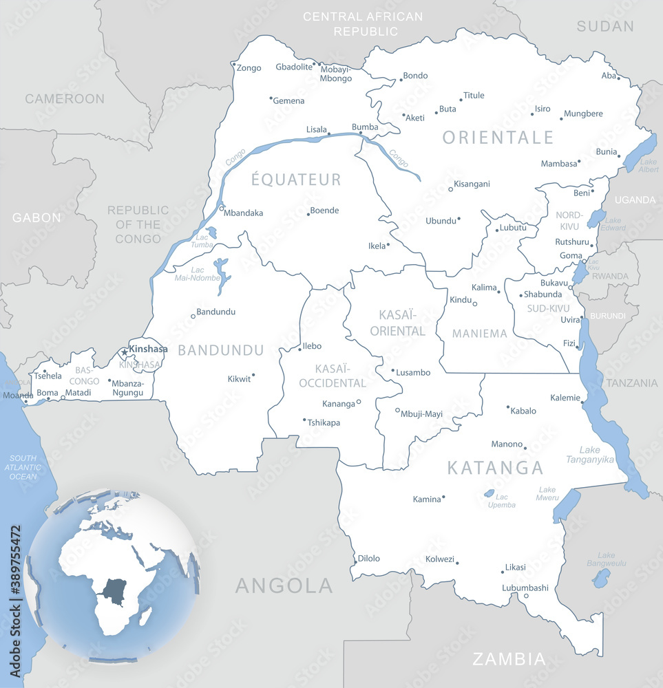 Blue-gray detailed map of Democratic Republic of the Congo administrative divisions and location on the globe.