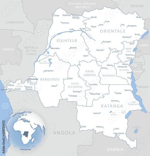 Blue-gray detailed map of Democratic Republic of the Congo administrative divisions and location on the globe.