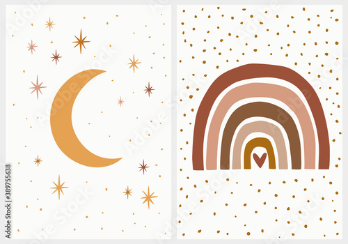 Scandinavian Style Kids Room Decoration. Cute Hand Drawn Moon and Rainbow Nursery Wall Art for Baby Boy And Baby Girl. Vector Twin Illustration Set Ideal for Cards, Invitations, Posters. 