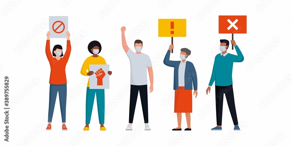 People wearing face masks and protesting together People wearing face masks and protesting together