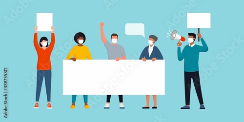 People wearing face masks and protesting together