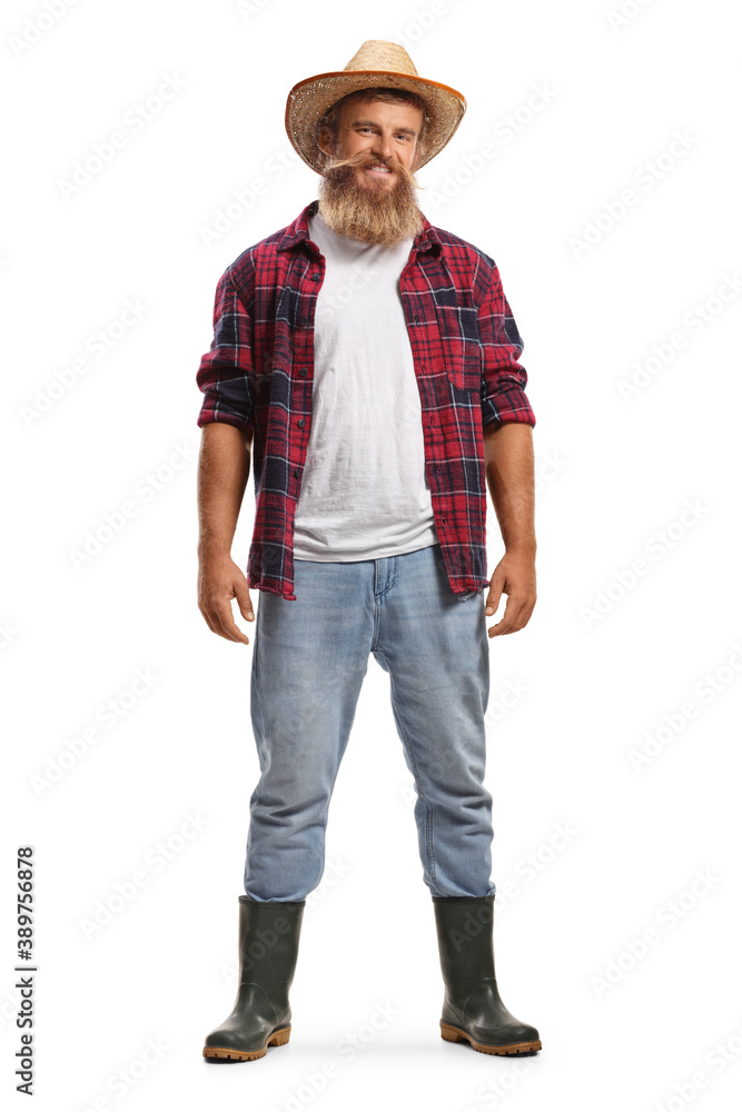 Full length portrait of a bearded farmer wearing a straw hat