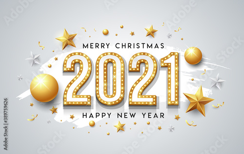 2021 gold neon light, happy new year and merry christmas message design with star, ball, ribbon on white brush background, Eps 10 vector illustration