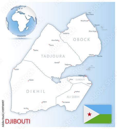 Detailed map of Djibouti administrative divisions with country flag and location on the globe.