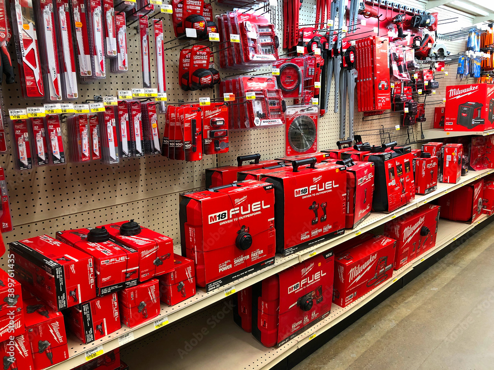 BEMIDJI, MN - 29 JUL 2019: Milwaukee power tools on display in retail store.  The Milwaukee Electric Tool Corporation produces power tools and hand tools.  Stock Photo | Adobe Stock