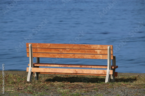 An empty wooden bench looking out over calm blue sea