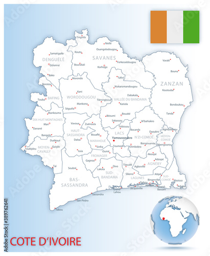 Detailed map of Cote d'Ivoire administrative divisions with country flag and location on the globe.