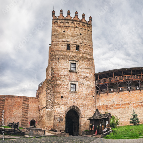 Old Lutsk Castle or Lubart Upper Castle in Lutsk, Ukraine. Main gate view from courtyard of Ukrainian fortress landmark under cloudy sky