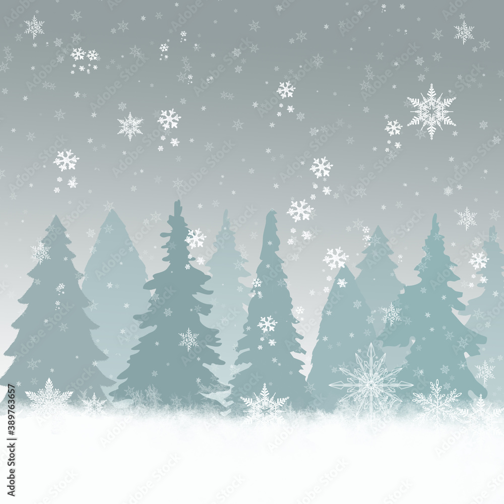 Christmas background - 2D illustration. christmas trees with snowfall on grey background Christmas background - 2D illustration. christmas trees with snowfall on grey background